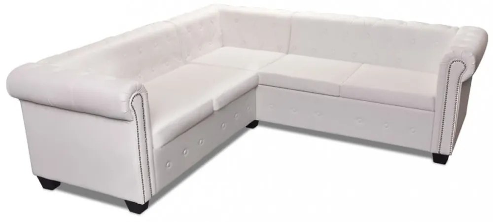 5 személyes fehér műbőr Chesterfield sarokkanapé