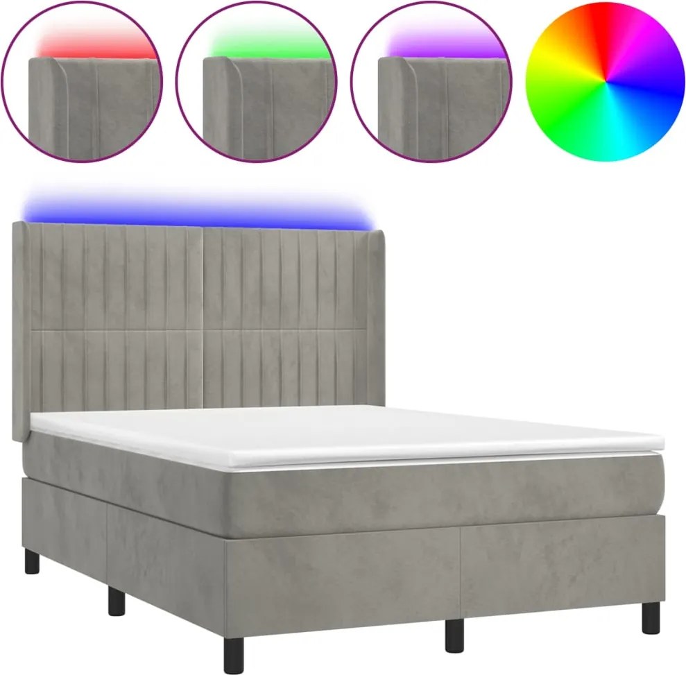 vidaXL világosszürke bársony rugós és LED-es ágy matraccal 140x190 cm