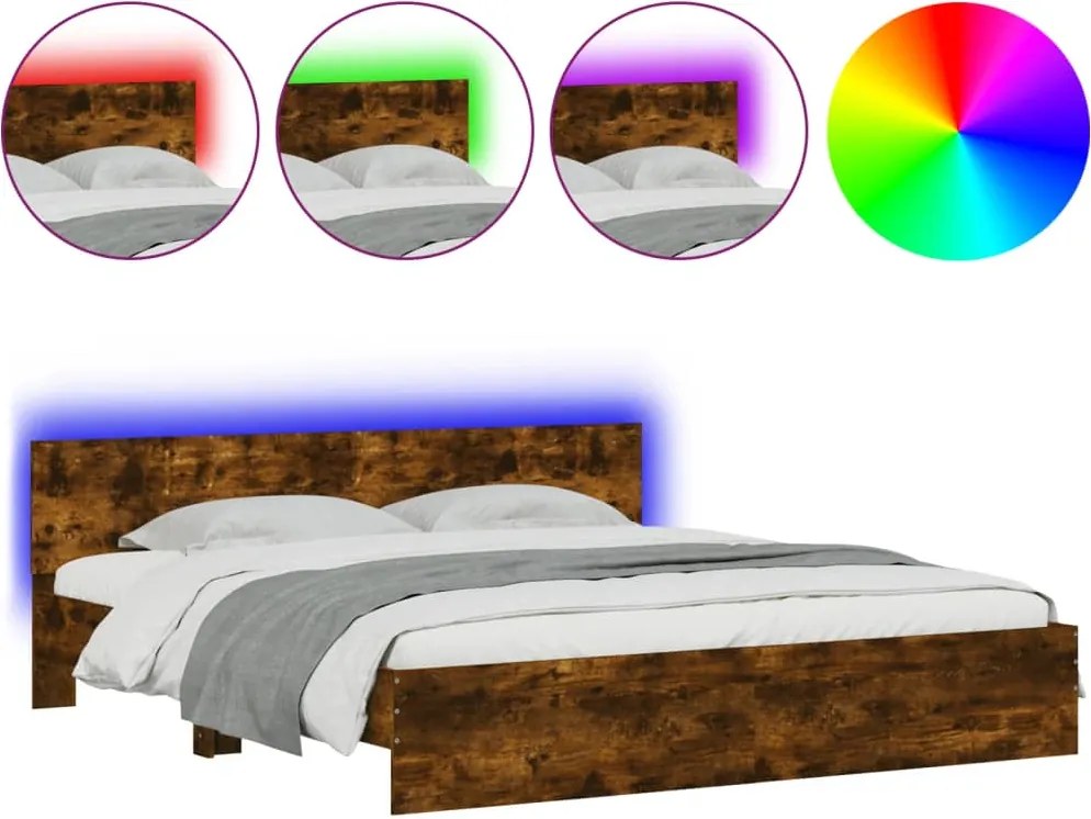 vidaXL füstös tölgy színű ágykeret fejtámlával és LED-del 200 x 200 cm