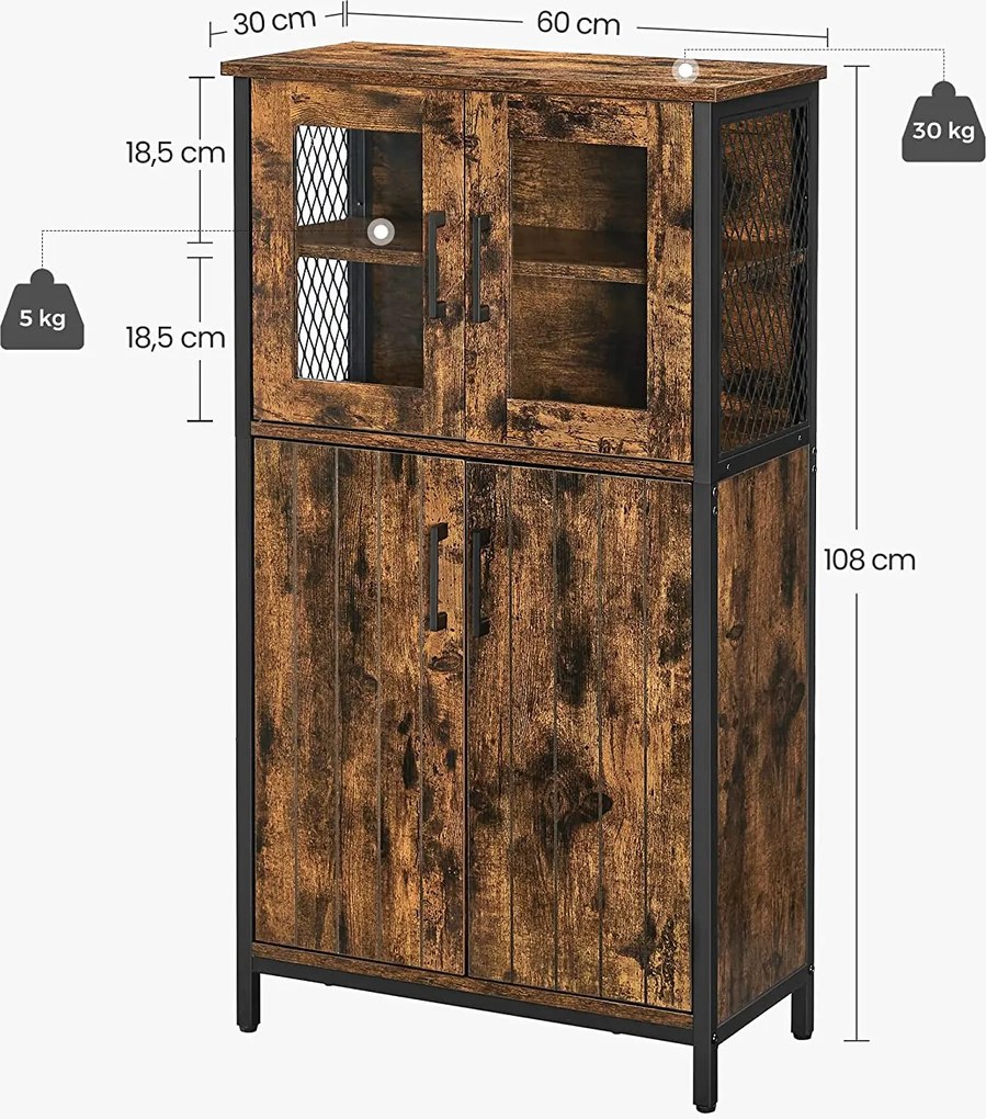 Tárolószekrény, többcélú szekrény 60 x 108 x 30 cm, rusztikus barna és fekete