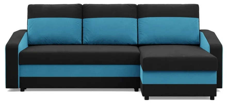 Hewlet sarokkanapé, 2 ágyneműtartóval, szövet anyag, univerzális oldal, hab töltet, fekete - kék