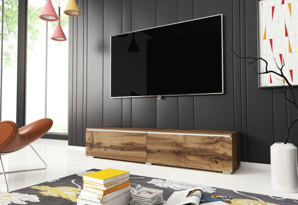 MENDES D 140 TV asztal, 140x30x32, fehér/fehér fényes