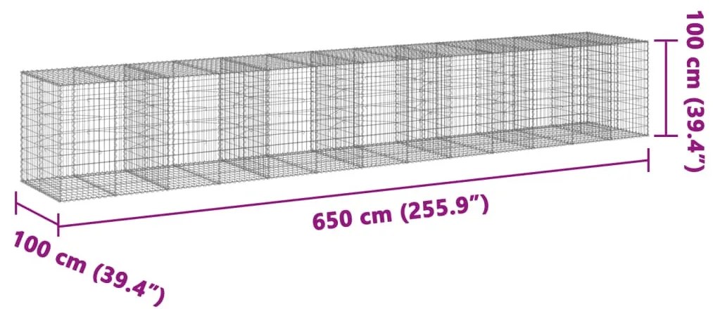 horganyzott vas gabion kosár fedéllel 650 x 100 x 100 cm