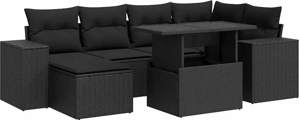 vidaXL 7 részes fekete polyrattan kerti ülőgarnitúra párnával