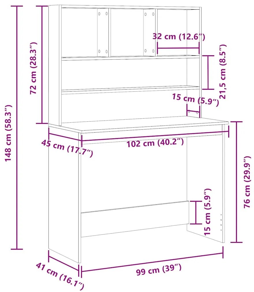 fekete tölgy szerelt fa íróasztal polcokkal 102 x 45 x 148 cm
