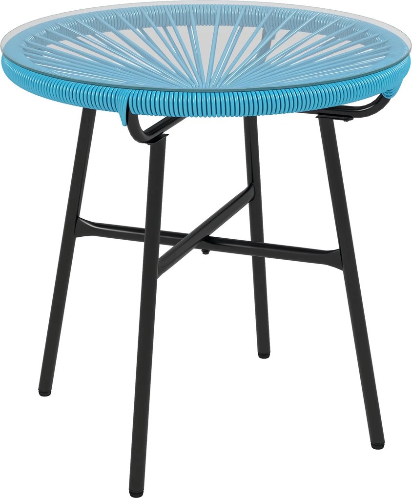 Outsunny Kerek Kerti Kávétábla Műgyanta Rattan Hatású Fém és Edzett Üveg Top Ø 50 x 50 cm Kék | Aosom