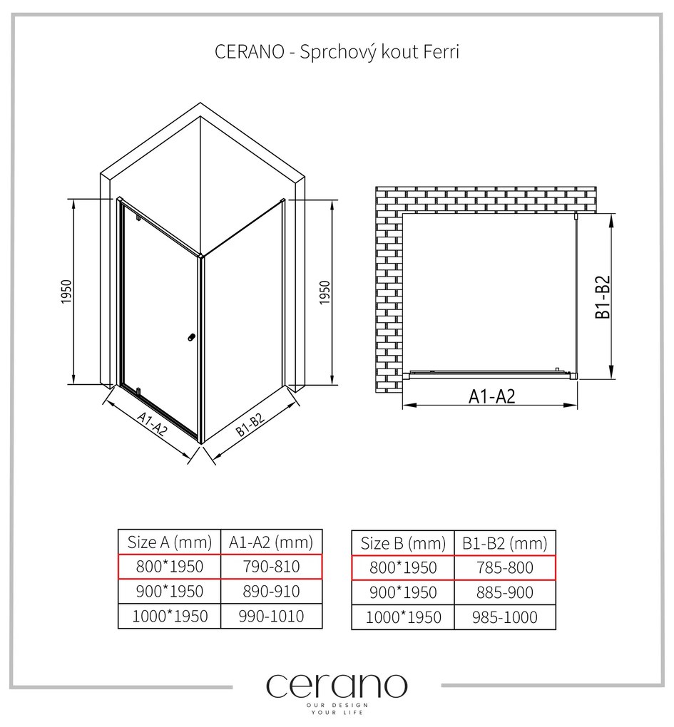 Cerano Ferri, szárnyas zuhanykabin 80 (ajtó) x 80 (fal) x 195 cm, 6mm átlátszó üveg, fekete profil, CER-CER-427471