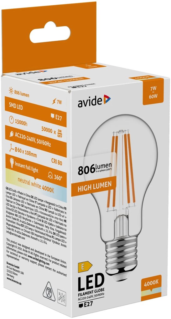 Avide LED Filament Globe 7W 806LM E27 NW 4000K