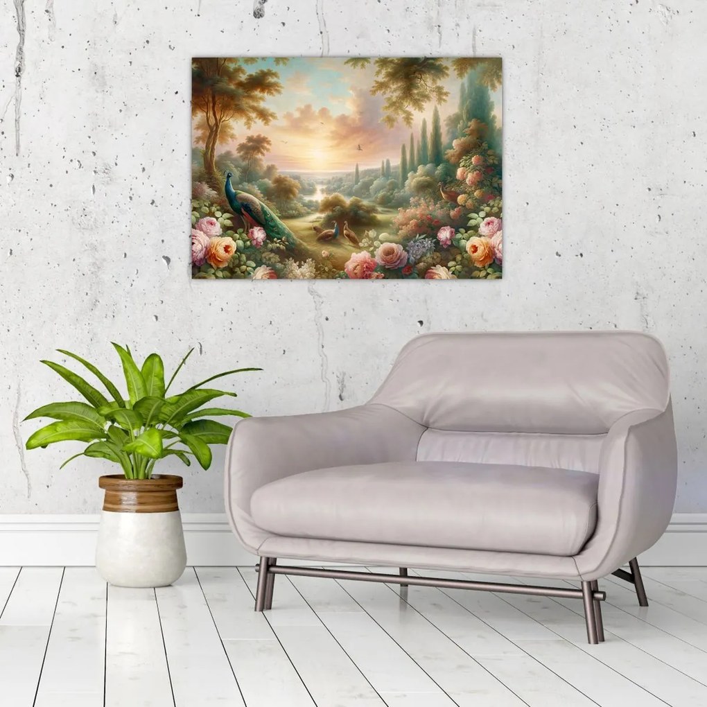 Üveg kép - Pávák a kertben (70x50 cm)