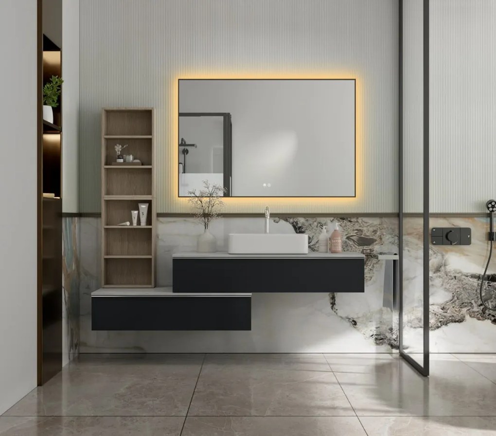 Erga Megan, LED tükör 120x80cm fekete keretben, 3105 lm, 3 fényszín, háttérvilágítás, ERG-V01-MEGAN-1280-BK