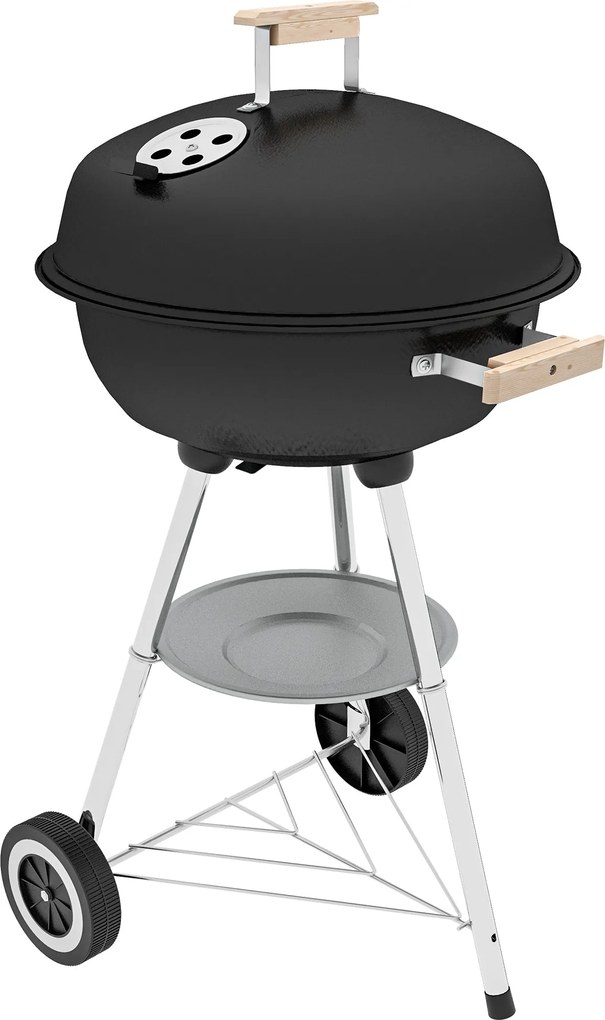 Outsunny Kényelemmel Ellátott Faszenes BBQ Grill Kerekekkel, Porcelán Fedél és Tálca, Fa Fogantyúkkal, 48x56x85 cm, Kültéri Kert, Piknik, Kemping | Ao
