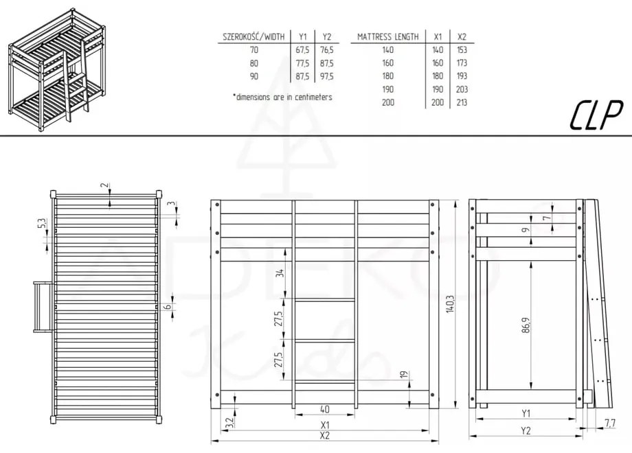 Emeletes fenyőfa gyerekágy 70x140 cm CLP - Adeko