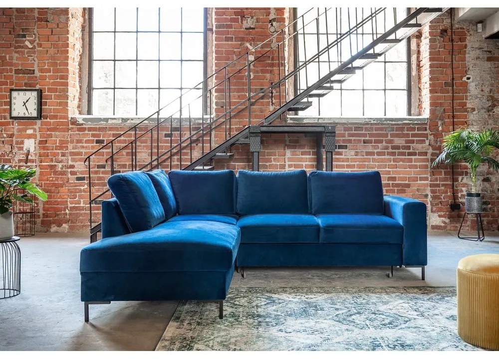 Sötétkék bársony kinyitható sarokkanapé (bal oldali) Lofty Lilly – Miuform