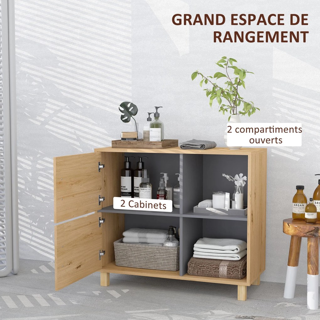 HOMCOM Fürdőszobaszekrény, Tárolószekrény Nyitott Rekeszekkel és Szekrénnyel, Fürdőszobaszekrény méretei: 80L x 35W x 70H cm, természetes fa | Aosom