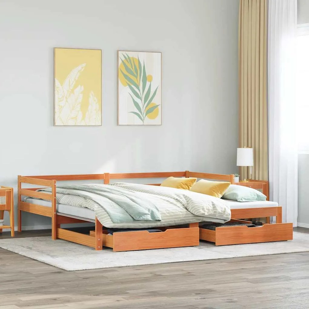 viaszbarna tömör fenyőfa kihúzható kanapéágy fiókkal 80x200cm