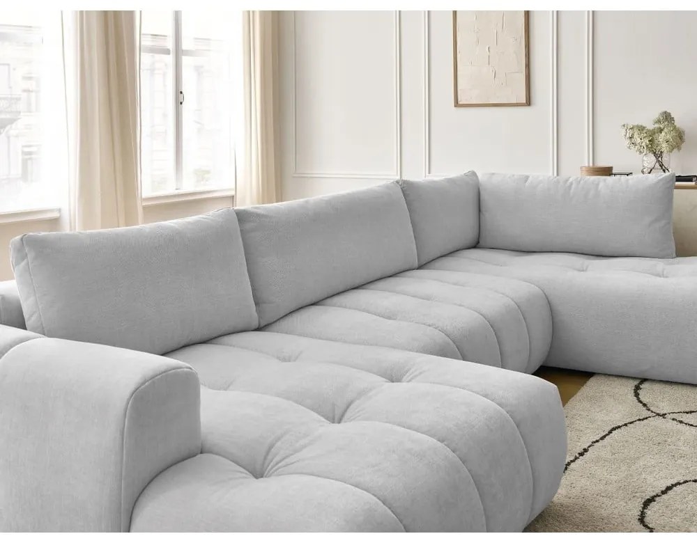 Világosszürke kinyitható-tárolóhelyes sarokkanapé (jobb oldali-U alakú) Fuji – Bobochic Paris