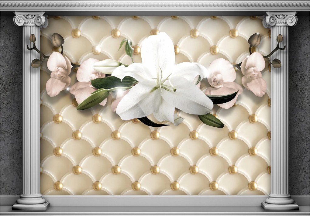 Fotótapéta Liliomok és orchideák Arany virágok Oszlopok Elegancia 200x140 +ragasztó