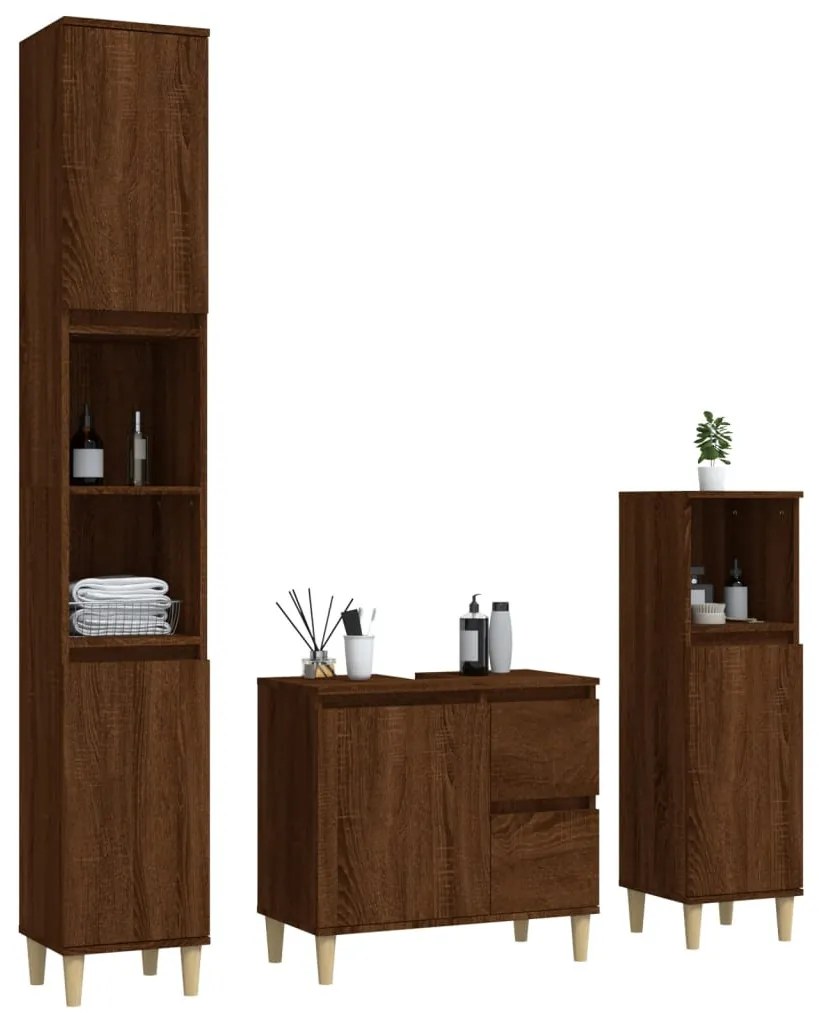 3 részes barna tölgy színű szerelt fa fürdőszobaszekrény-szett