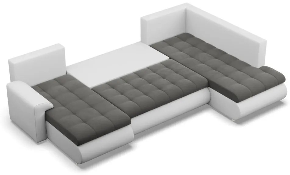 Tokio U sarokkanapé, 3 ágyneműtartóval, bársony + műbőr, jobboldali, szürke - fehér