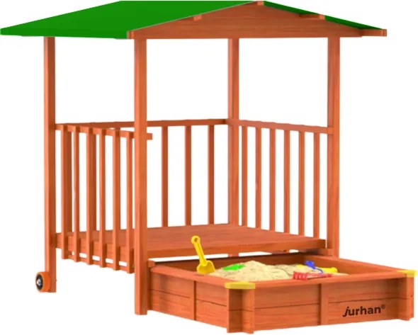 SUNNY verandás homokozó, 130x130x143cm, barna/zöld Jurhan