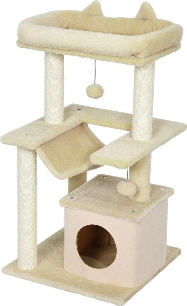 PawHut Macskafa 90 cm Kaparófával és Hintaágyas Játékfával Macskaodúval, Platformokkal, Mászófával és Aktív Kaparófával, Plüss Sisakkal, Krém | Aosom
