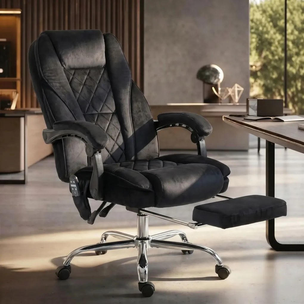 Ergonomikus irodai szék masszázsfunkcióval, lábtartóval, forgóval, görgőkkel, fekete