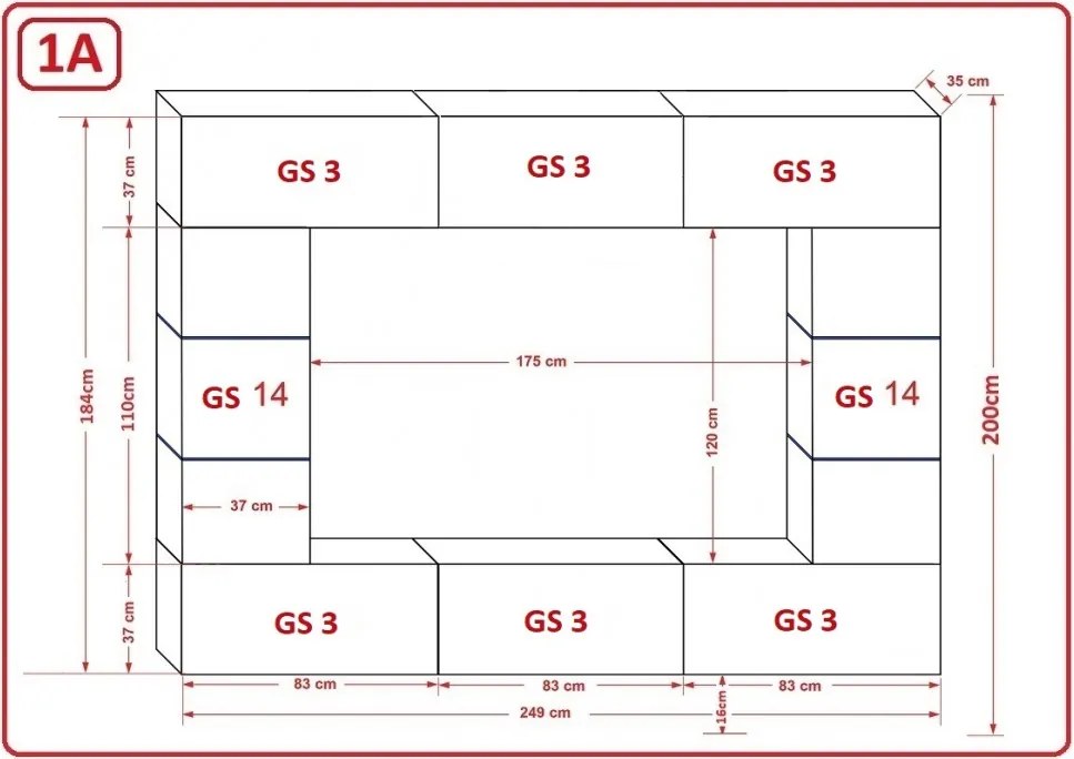 Prince Barcelona Concept 61 nappali bútor szett magasfényű fekete (249cm)