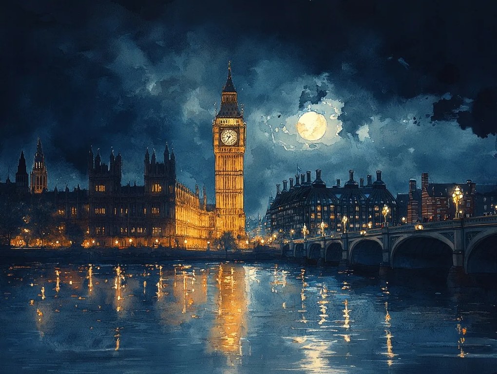 Vászonkép Canvas Város London Temze Big Ben Éjszaka Hold 100x75