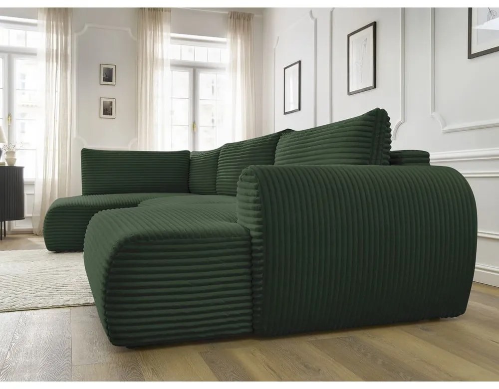 Sötétzöld kordbársony kinyitható-tárolóhelyes sarokkanapé (bal oldali-U alakú) Lucien – Bobochic Paris