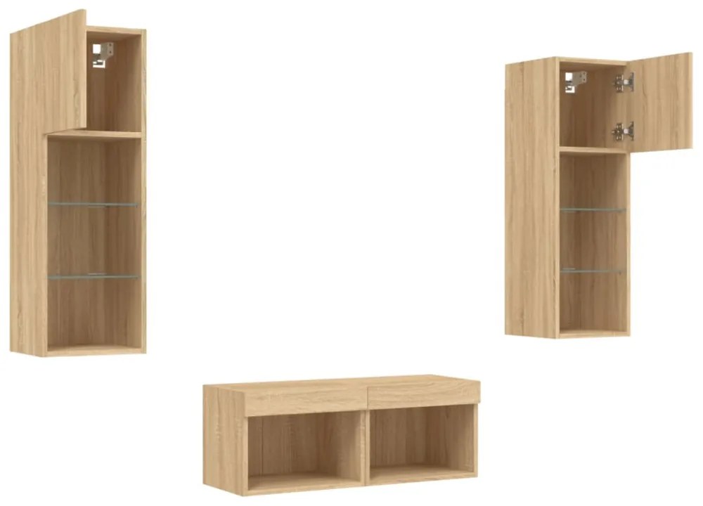 4 darab sonoma tölgy színű falra szerelhető TV-szekrény LED-del