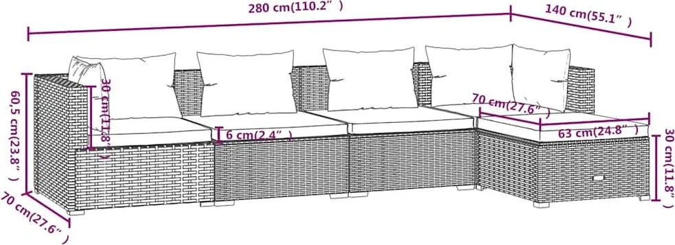 5 részes fekete polyrattan kerti ülőgarnitúra párnákkal