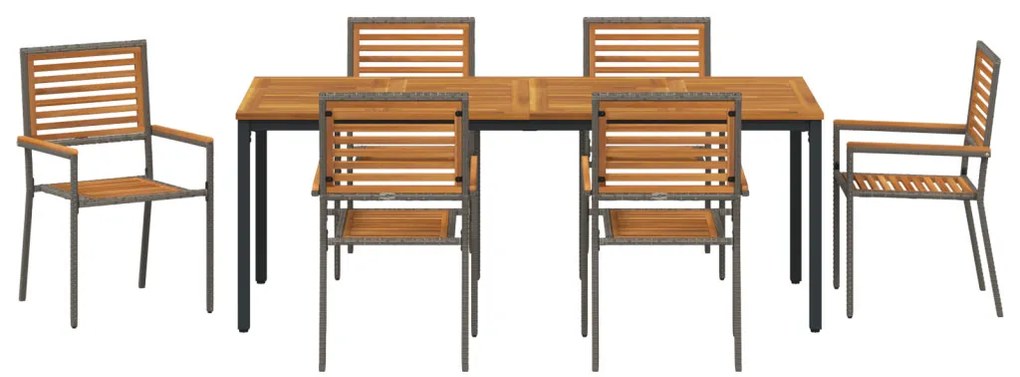 7 darabos Kerti Étkezőszett Szürke Poli Rattan Akác, Egymásra rakható Kerti Székek párnákkal 2 db Szürke Poli Rattan, Kerti Asztal 200x90x75 cm Szilárd Akác Fa és Fém