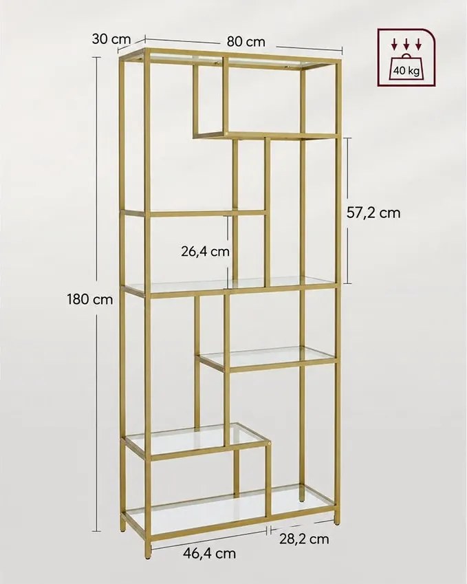 Könyvespolc, 6 szintes magas könyvszekrény 30 × 80 × 180 cm, fémes arany színben