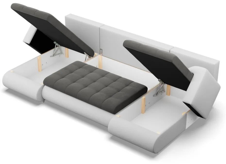 Tokio U alakú sarokkanapé, 3 ágyneműtartóval, bársony + műbőr, univerzális oldal, szürke - fehér