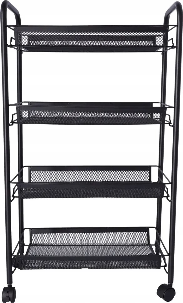 Fürdőszobai babakocsi, konyhai polc négy tágas polccal fekete