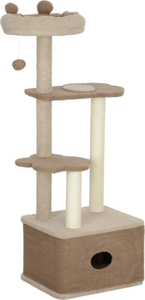 PawHut Macska Kaparófa 133 cm Magasságú Macska Torony Fészek Platformokkal, Lógó Gömbbel és Zsákfával Barna | Aosom