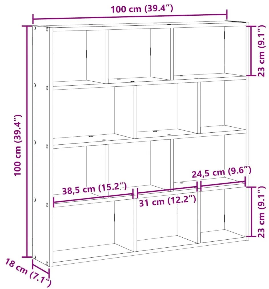 antik fa színű szerelt fa fali kockapolc 12 rekeszes színű