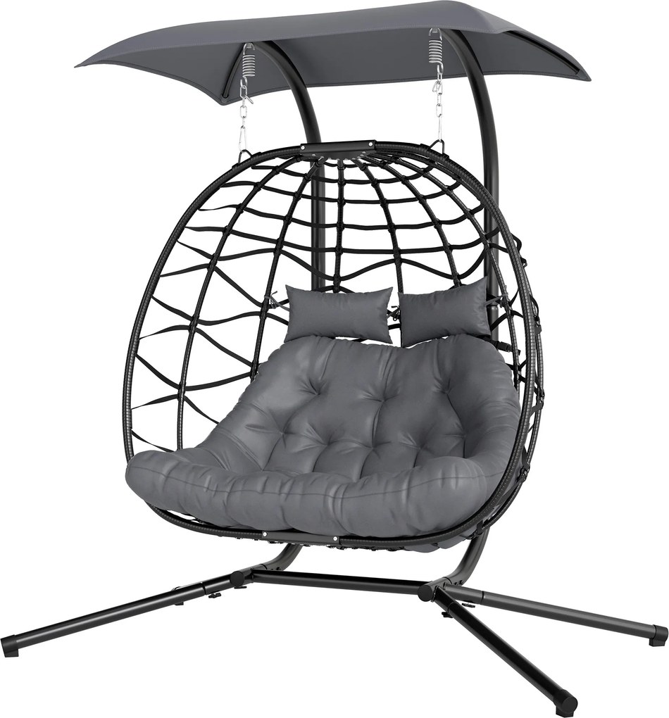 Outsunny Függő Szék Hajtható Állvánnyal, Függő Kosárral, Párnával és Napernyővel, Műanyag Rattan, Két Személyes, Kültéri Hinta, 260 kg Teherbírás, Erk