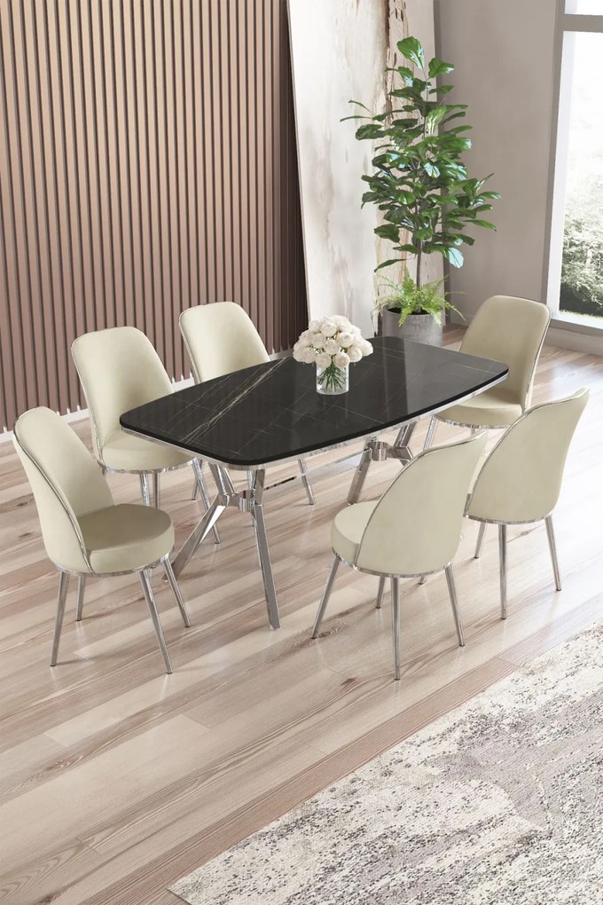 Lena étkezőgarnitúra, fekete márvány-króm, 160 cm – TR240CHR2903