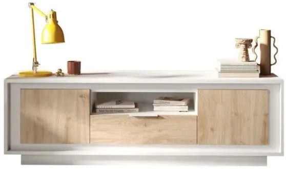 SKY 2.0 TV-szekrény 2 ajtóval és 1 fiókkal, fehér matt lakkozott vázzal, Cadiz tölgy mintázatú laminált előlapokkal