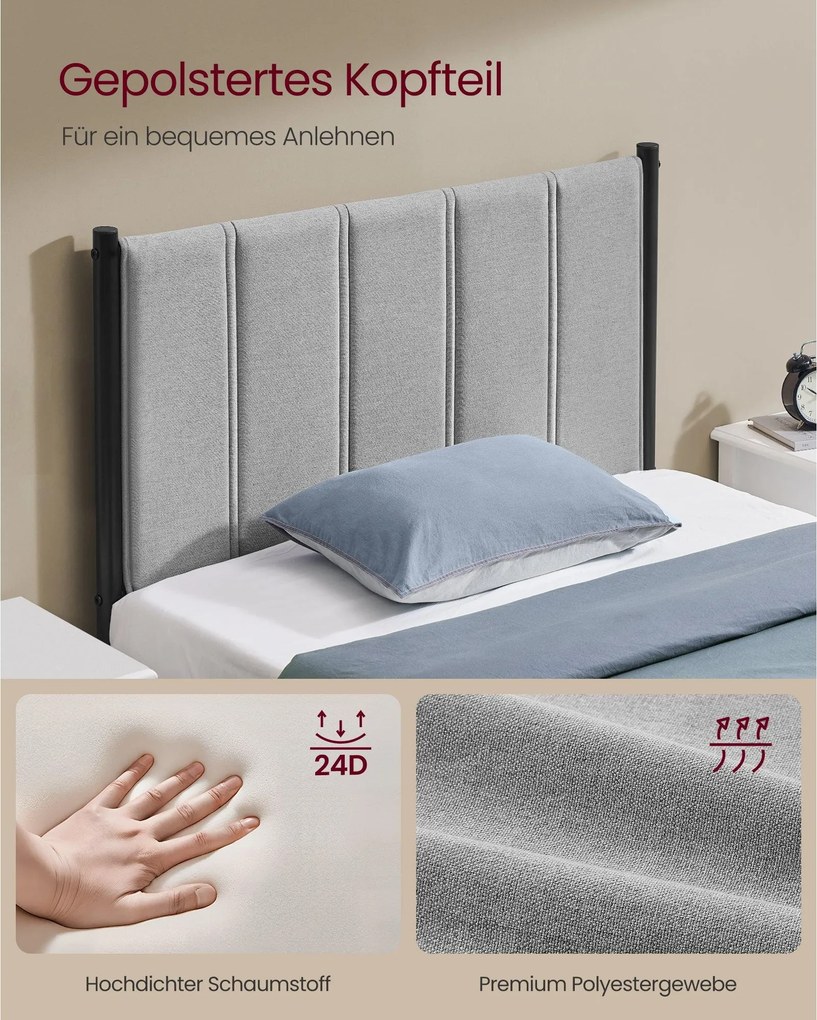 VASAGLE egyszemélyes fém ágykeret kárpitozott fejvéggel, 90x200 cm, galambszürke