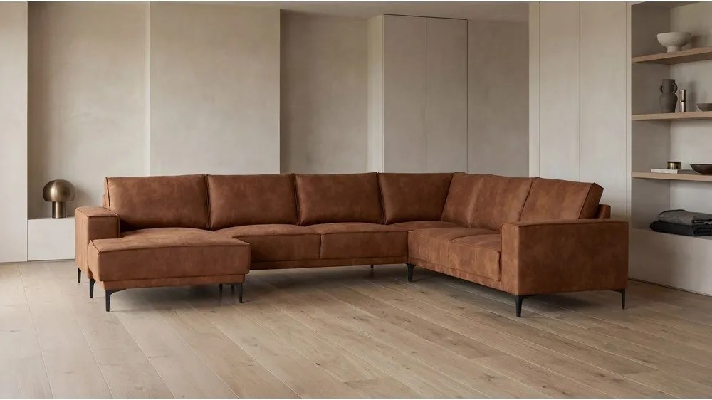 Konyakbarna bőrutánzat sarokkanapé (bal oldali-"U" alakú) Copenhagen – Scandic
