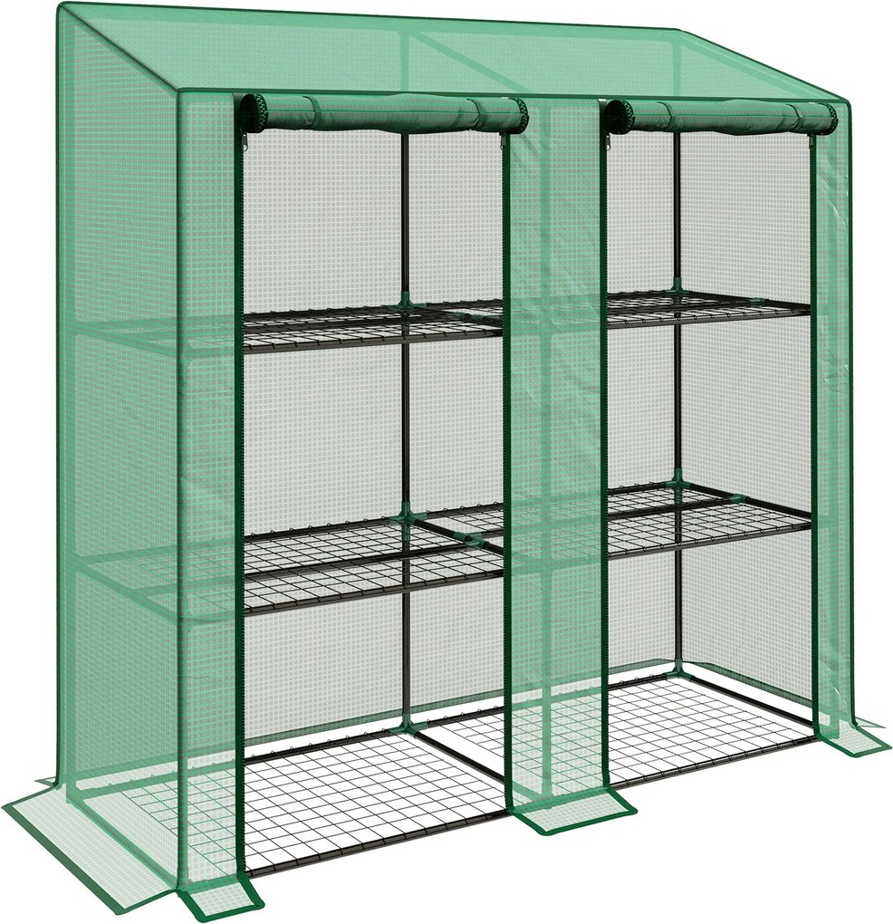 Outsunny 3-Szintes Kerti Üvegház Terasz Üvegház Polcokkal, Rézsűs Tetővel és 2 Cipzáras Ajtóval Növénytermesztéshez 143x46x141/151 cm Zöld | Aosom