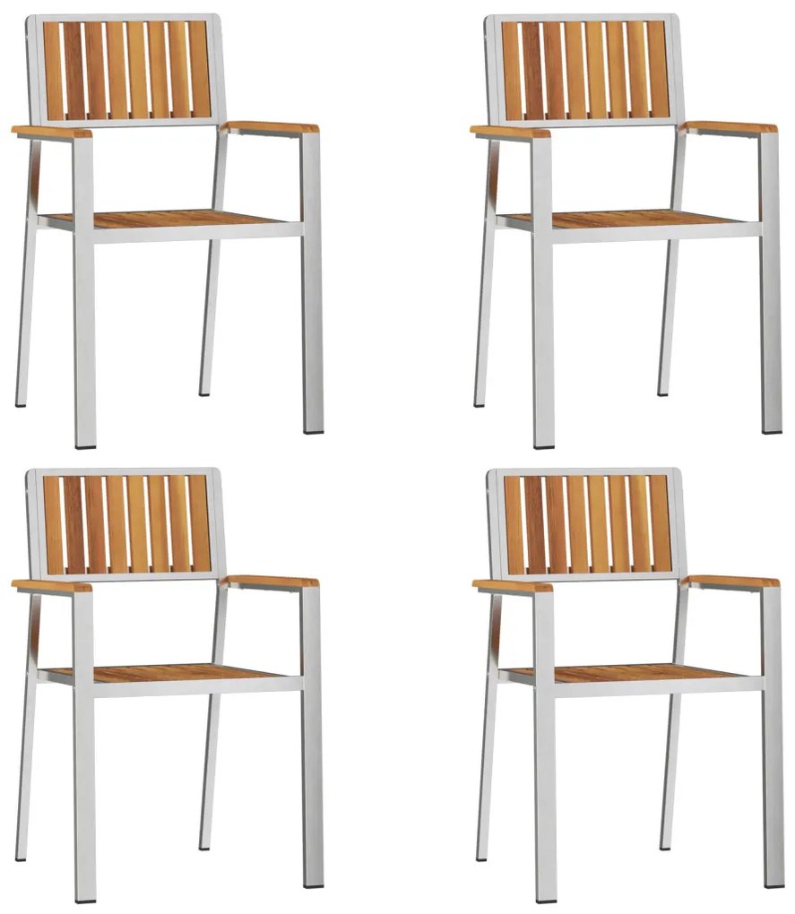 5 darabos kert étkező szett tömör akácfa, kültéri étkező asztal 180x90x75 cm tömör akácfából, rakásolható kert székek 4 db tömör akácfa és fém