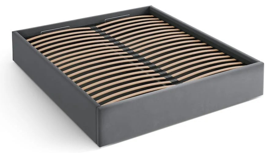 Szürke kárpitozott ágyneműtartós-ágytámla nélkül franciaágy ágyráccsal 200x200 cm Susan – Micadoni