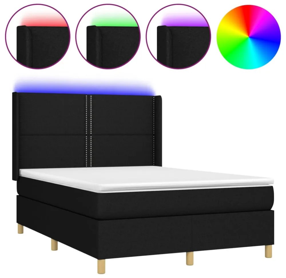 fekete szövet rugós és LED-es ágy matraccal 140x190 cm