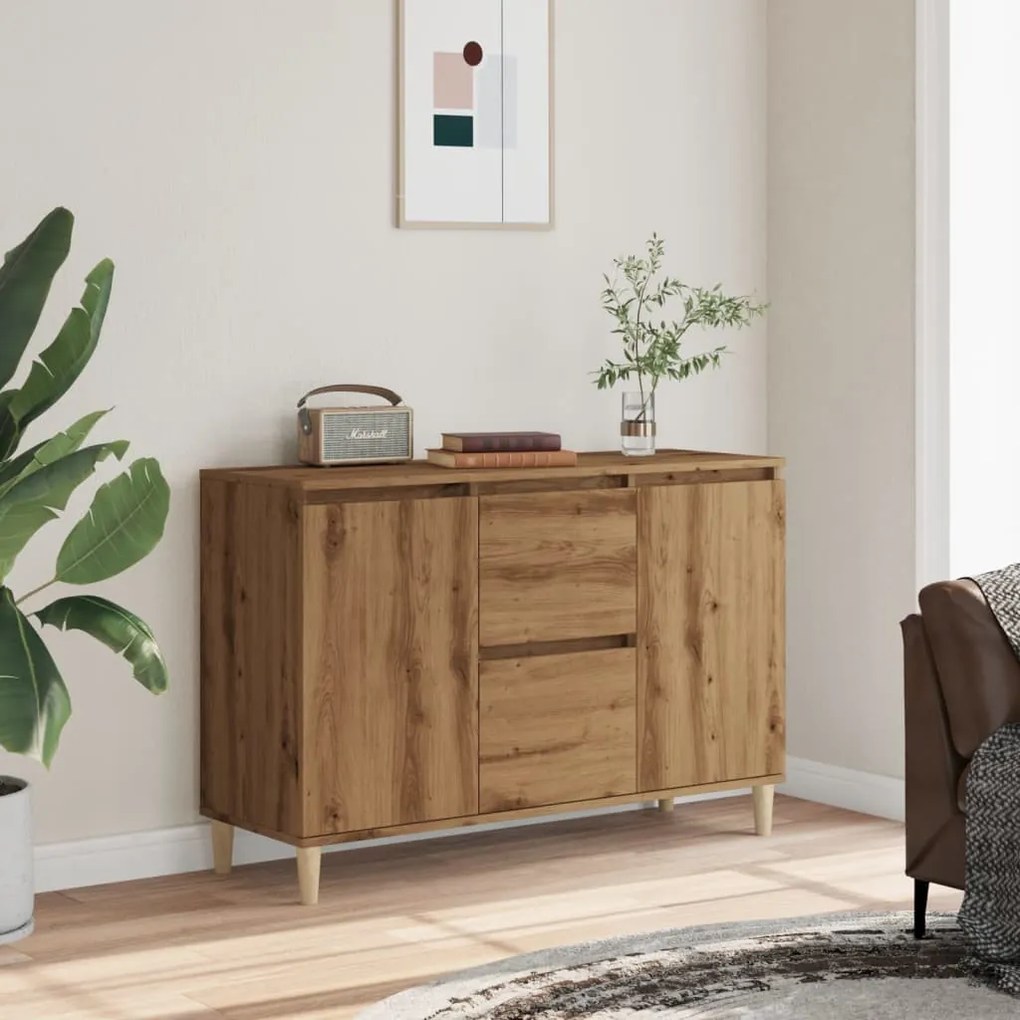kézműves tölgy színű szerelt fa tálalószekrény 102 x 35 x 70 cm