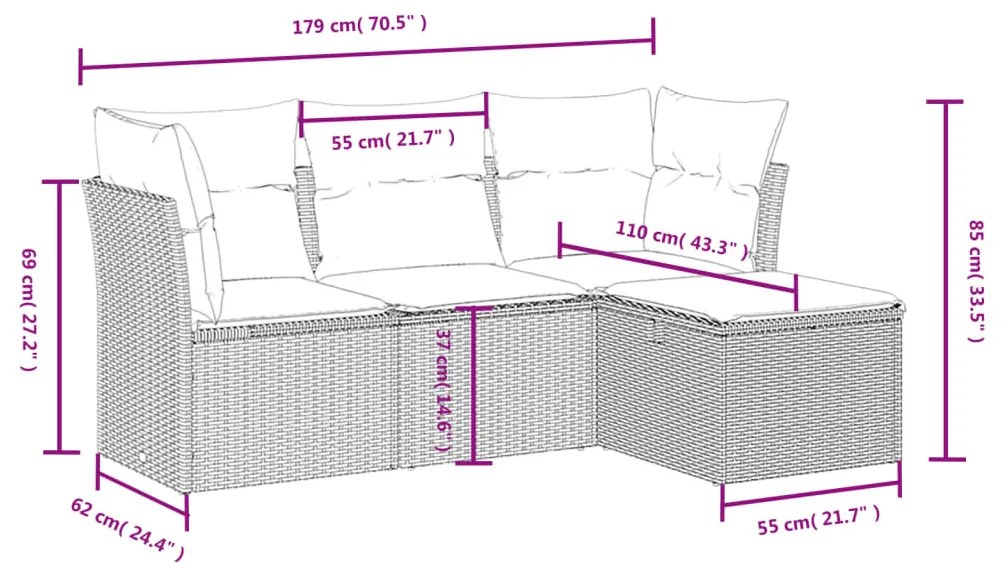 4 részes fekete polyrattan kerti ülőgarnitúra párnákkal