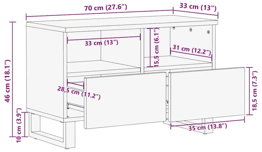 TV Szekrény fiókkal Fehér 70 x 33 x 46 cm tömör mangófa
