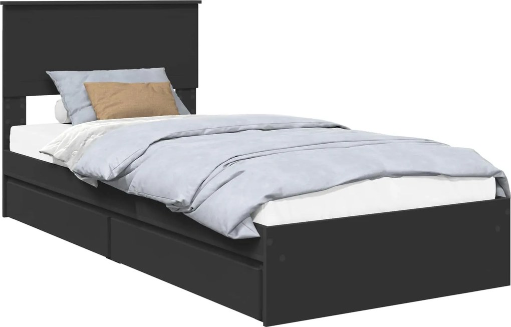 vidaXL Tárolós Ágy fejtámlával fiókkal Fekete 90 x 190 cm Faanyag